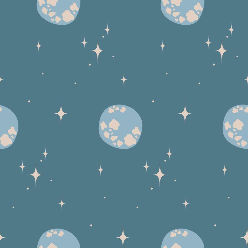 naadloos achtergrond met sterren en maan of planeet Aan blauw. patroon. omhulsel papier. vector