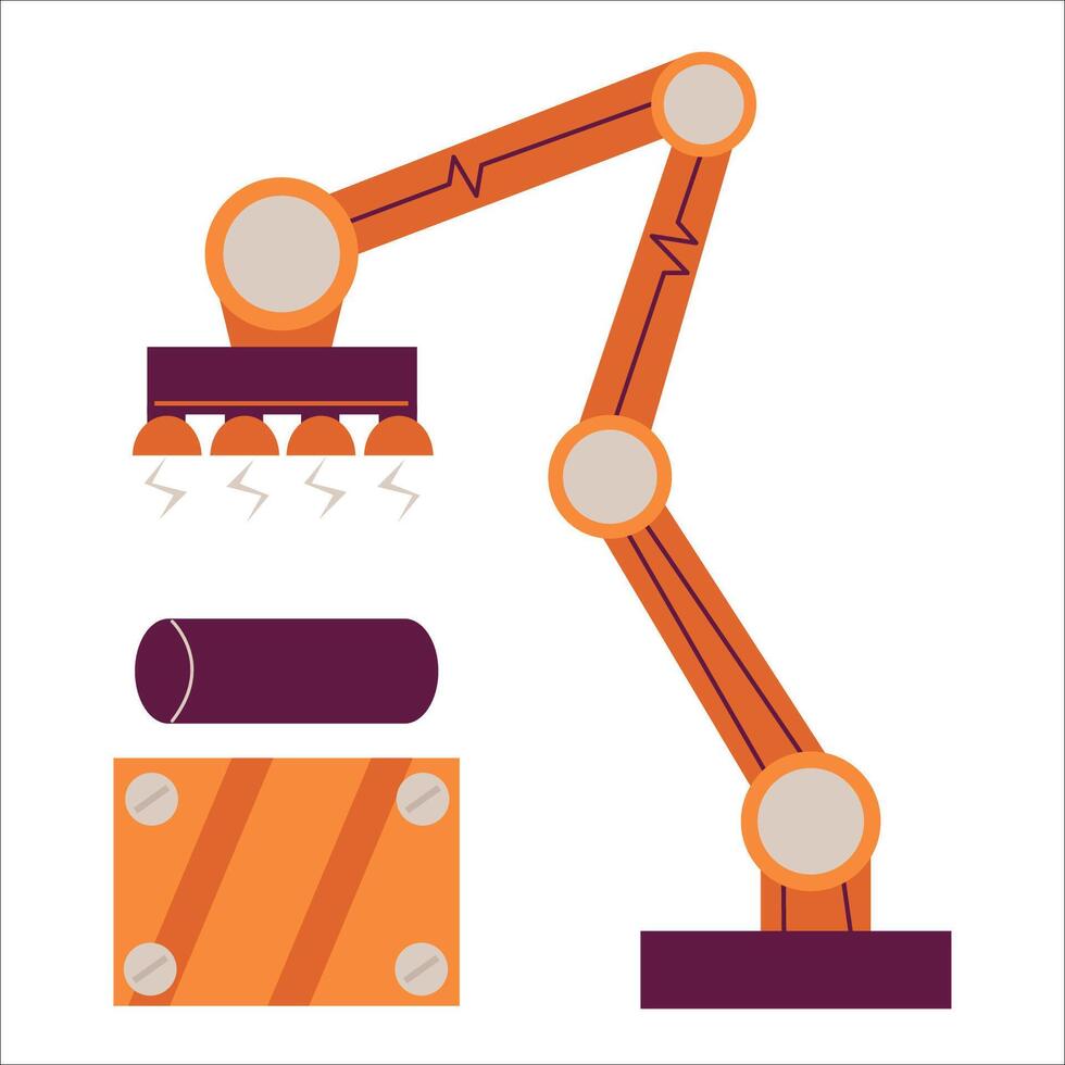 industrieel robots manipulatoren. magnetisch tillen. gerobotiseerd arm, modern industrie robotachtig technologie, transportband. fabriek machinerie automatisch. vector