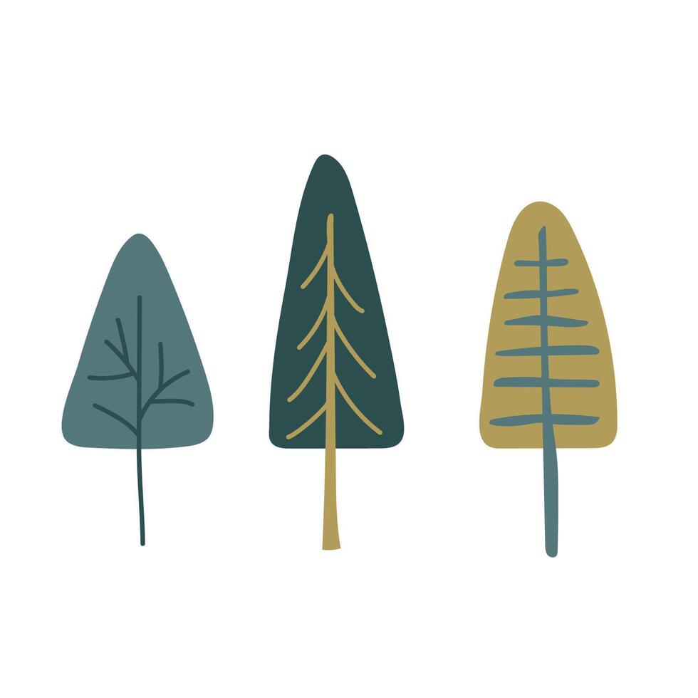 drie verschillend bomen Aan een wit achtergrond. clip art, bladverliezend bomen, coniferen, spar, Spar boom, pijnboom vector