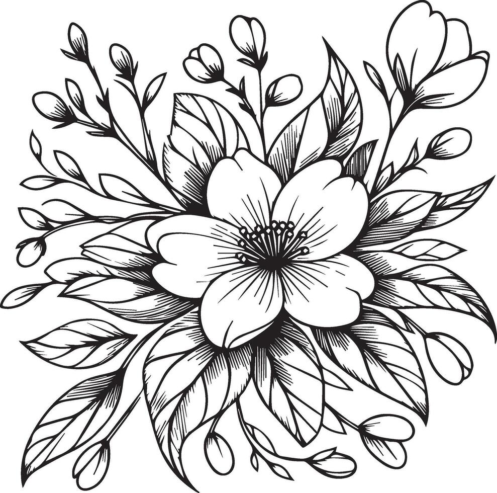 gemakkelijk jasmijn tekening, mooi jasmijn tekening met bladeren lijn kunst, fabriek Afdeling vector botanisch illustratie kleur boeken en bladzijde voor kinderen en volwassenen, jasmijn tatoeëren vector