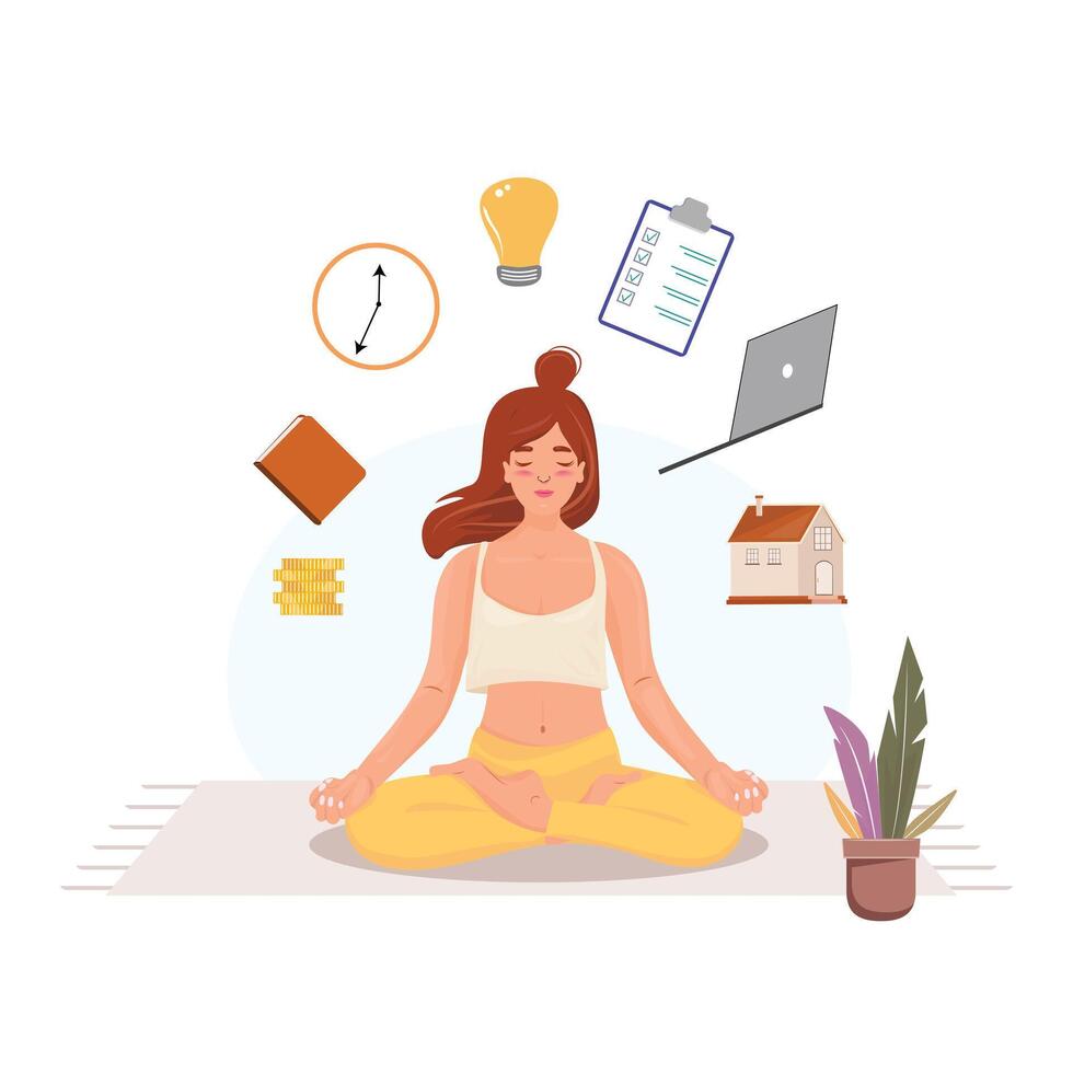vrouw in lotus houding mediteren en voorbereidingen treffen voor de dag. multitasking en balanceren levensstijl. vector