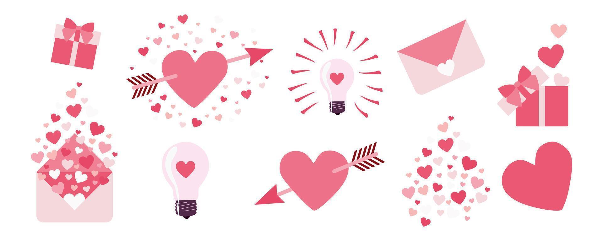 Valentijn sticker pak set. geïsoleerd modern vlak vector illustratie. liefde mail concept met hart vorm gebaar, omhullen, romantisch sociaal media advertenties, ansichtkaart, ontwerp kunst voor kaart, poster, spandoek.