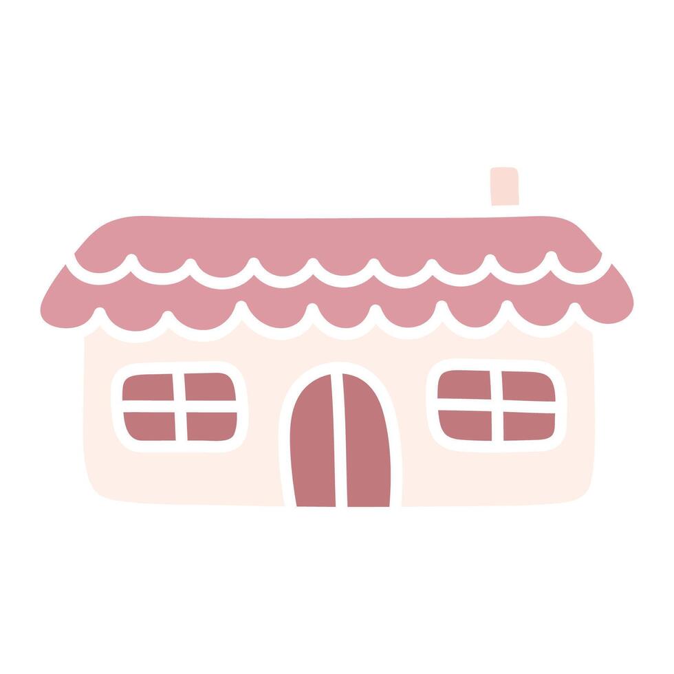 schattig roze huis. tekenfilm vlak kawaii hut. gemakkelijk hand- getrokken vector illustratie. tekening kunst. clip art geïsoleerd Aan wit achtergrond. grafisch element voor ontwerp van kinderen producten.