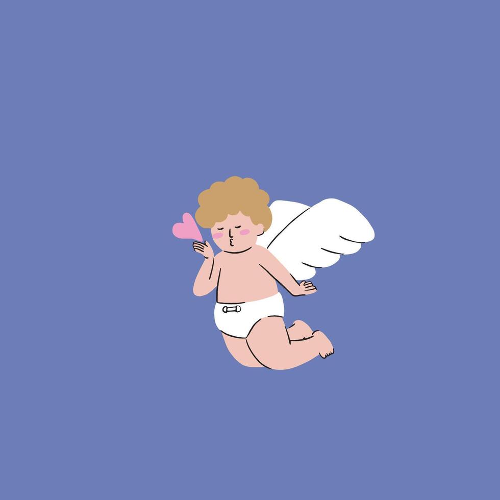 een hand- getrokken illustratie van een mollig Cupido verspreiden liefde door geven kusjes vector