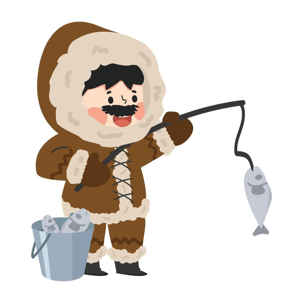 Mens Eskimo met vis vangst tekenfilm vector