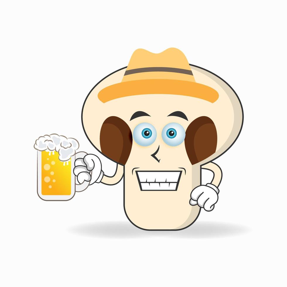 het karakter van de paddenstoelenmascotte houdt een glas gevuld met een drankje vast. vector illustratie