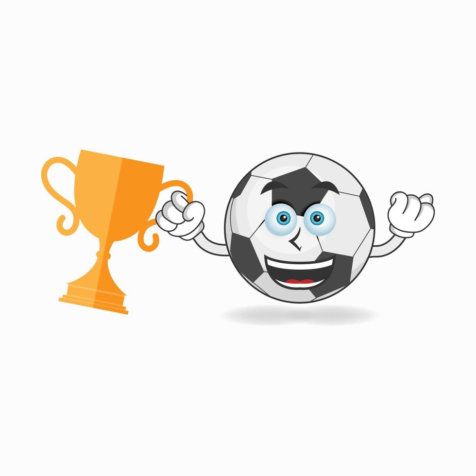 voetbal mascotte karakter met een trofee in de rechterhand. vector illustratie