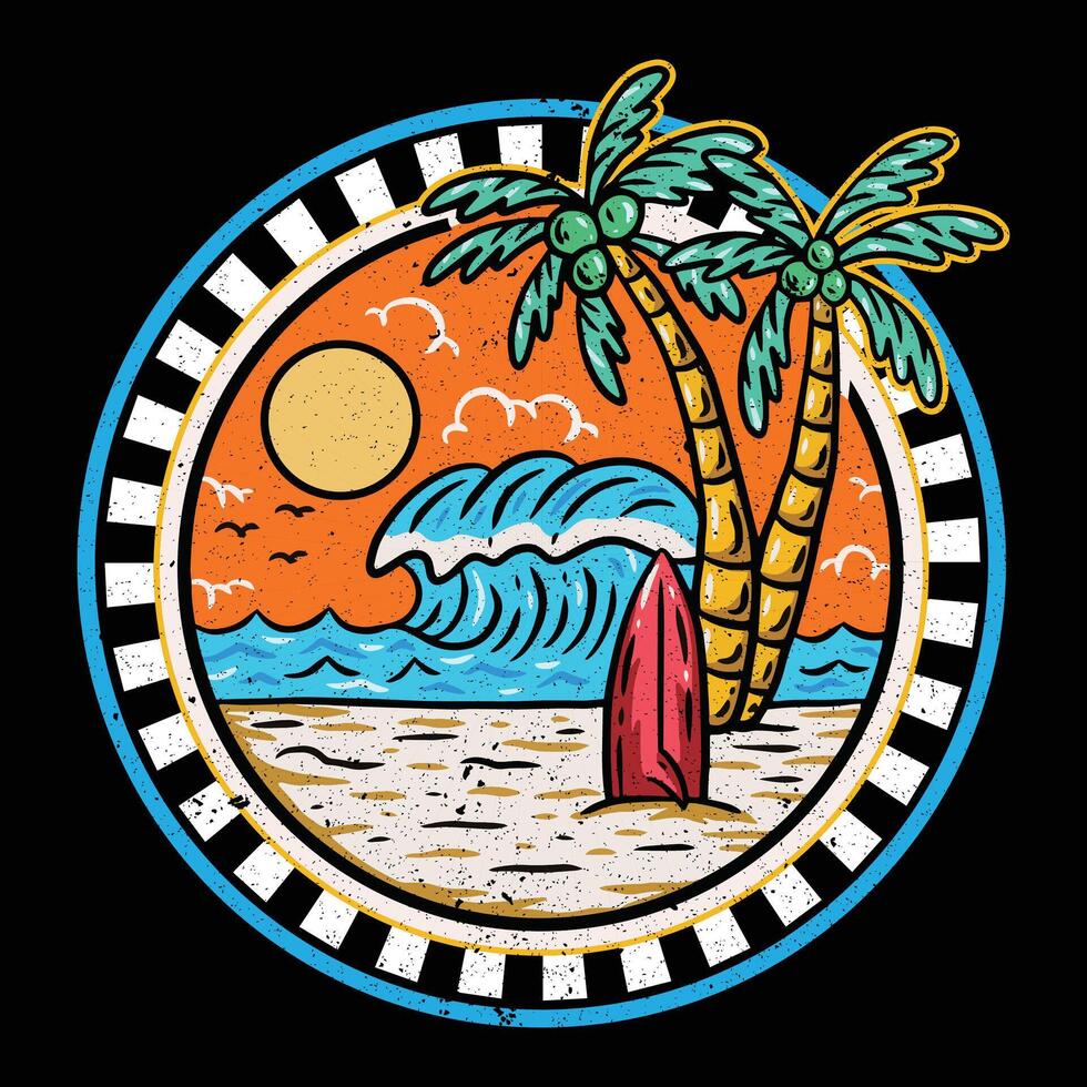 een surfboard en palm bomen Aan de strand. vector