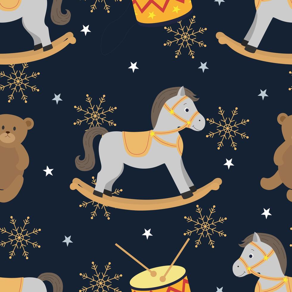naadloos patroon met wijnoogst schommelen paard, trommel en teddy beer in tekenfilm stijl. wijnoogst speelgoed patroon voor kinderkamer vector