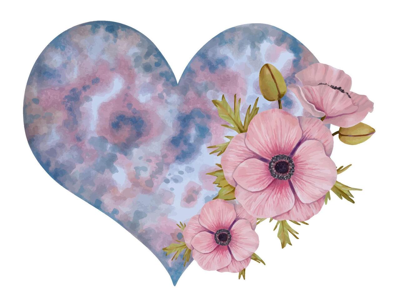 kosmisch hart met roze anemoon bloem.hemels botanisch element voor Valentijnsdag dag, moeder dag. esoterie en geestelijkheid concept.waterverf en markeerstift illustratie. vector