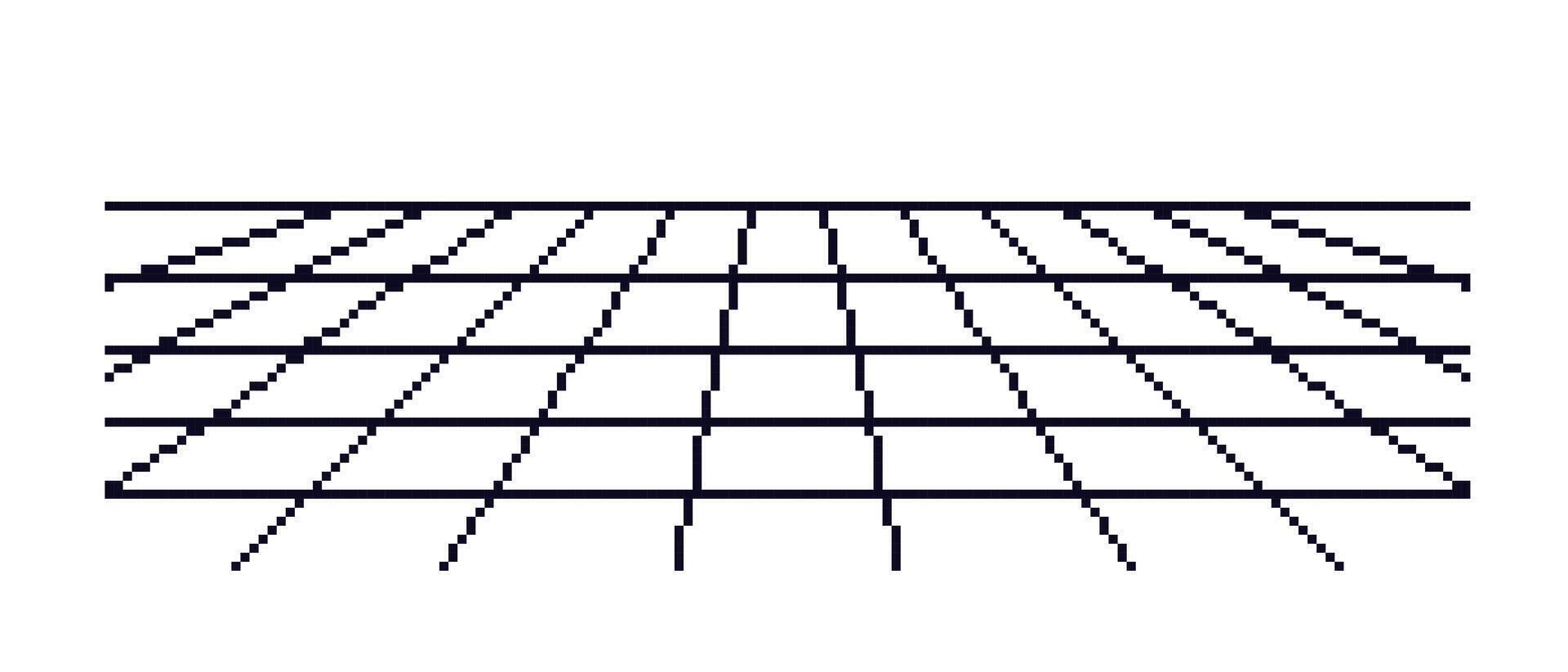 pixel zwart perspectief maas sjabloon. digitaal blanco oppervlakte met techno kromme rooster lijnen in 80s elektronisch stijl met gemakkelijk vector ontwerp
