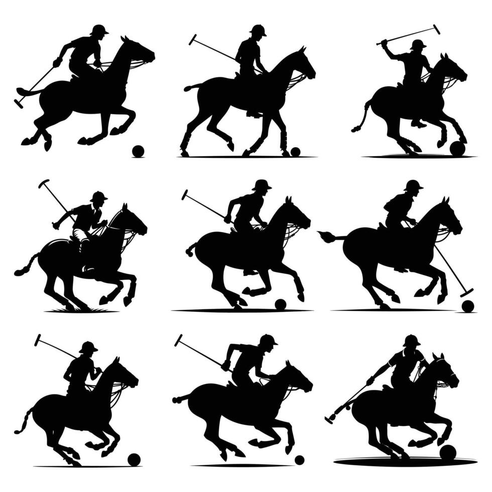 reeks van 9 polo speler met paard silhouet vector bundel