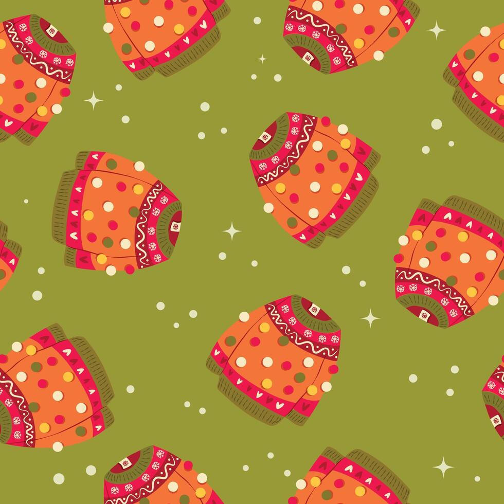 schattig levendig hand- getrokken trui met winter decoratie en pompons naadloos patroon. kleurrijk vakantie vector illustratie Aan groen achtergrond. levendig herhaling ontwerp.