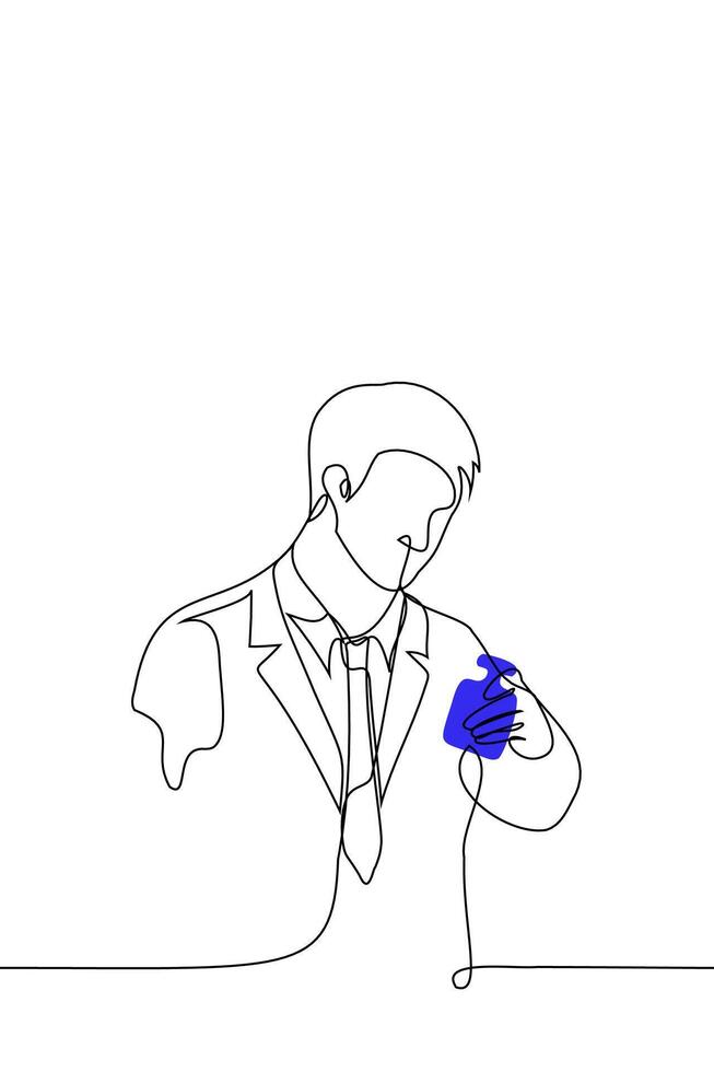 knap Mens in bedrijf pak houdt fles van Mannen parfum in blauw kleur - een lijn tekening. concept van buying geschenk voor Heren, kiezen parfum voor jezelf vector