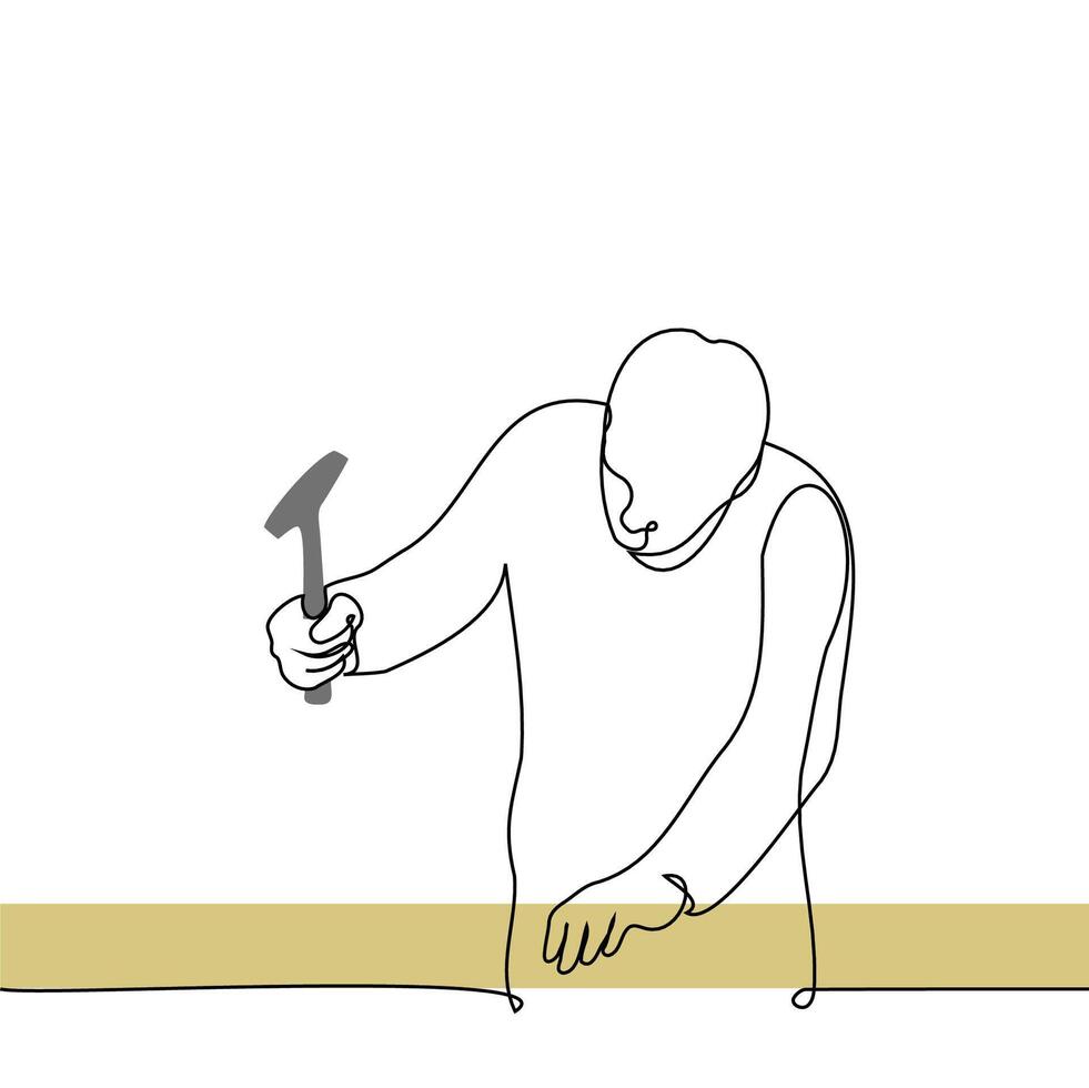 Mens hameren een nagel in hout - een lijn tekening vector. concept vakman Bij werk vector