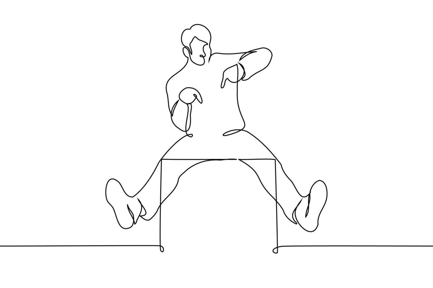 Mens zittend Aan een leeg doos richten vingers Bij het - een lijn kunst vector. concept illustratief mockup met leeg ruimte voor tekst vector