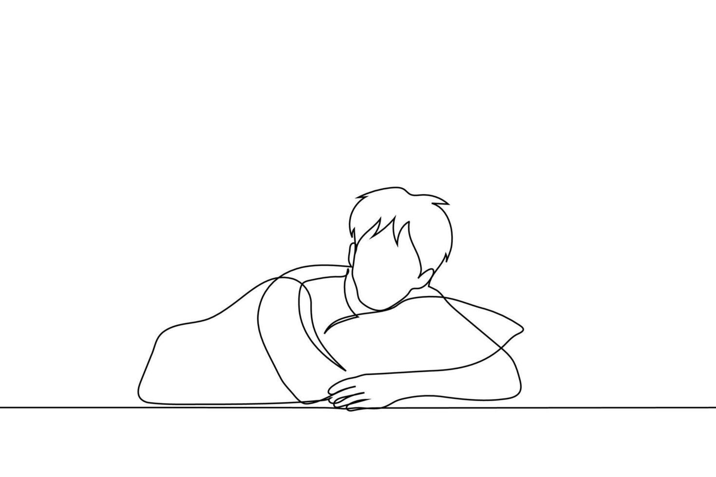 Mens ruig verheven zijn hoofd van de hoofdkussen welke hij knuffels met beide handen - een lijn tekening vector. concept naar wakker worden iemand omhoog vroeg in de ochtend- vector