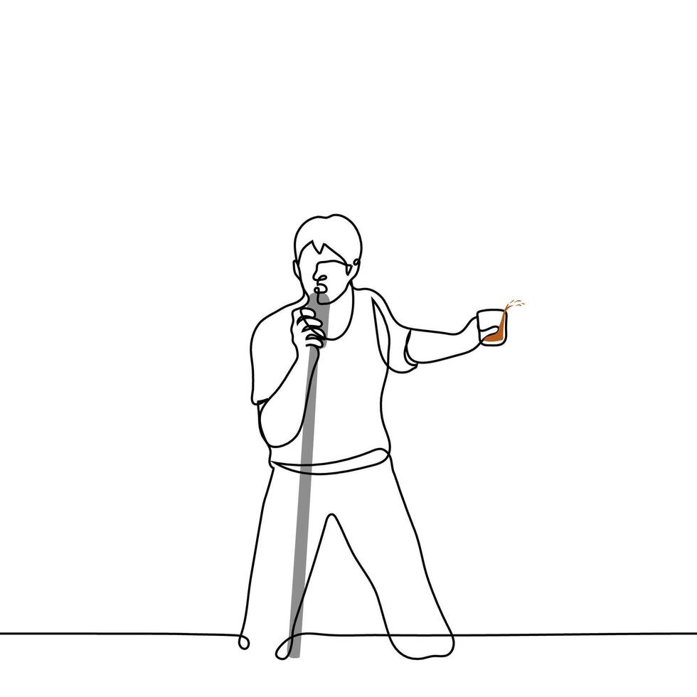 dronken Mens zingt in een stamde microfoon en houdt een spatten glas met alcohol - een lijn tekening vector. concept van dronken zingen, de prestatie van een alcoholisch of een pestkop, krijgen dronken vector