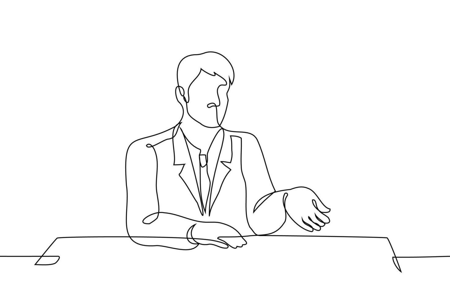 Mens in een pak zit Bij een tafel met uitgestrekt hand- - een lijn kunst vector. de concept van een opstarten op zoek voor investering, een officieel vereist: een steekpenning vector