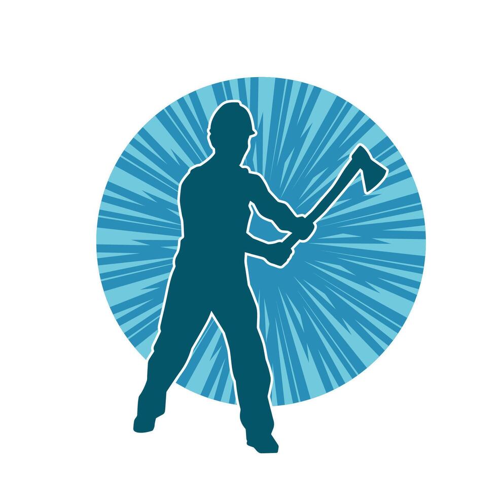 silhouet van een arbeider in actie houding gebruik makend van zijn bijl hulpmiddel. vector
