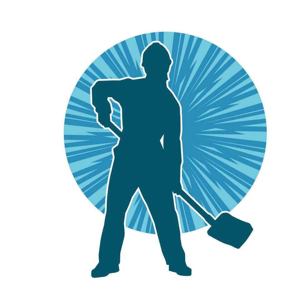 silhouet van een arbeider draag- Schep hulpmiddel. silhouet van een arbeider in actie houding gebruik makend van Schep hulpmiddel. vector