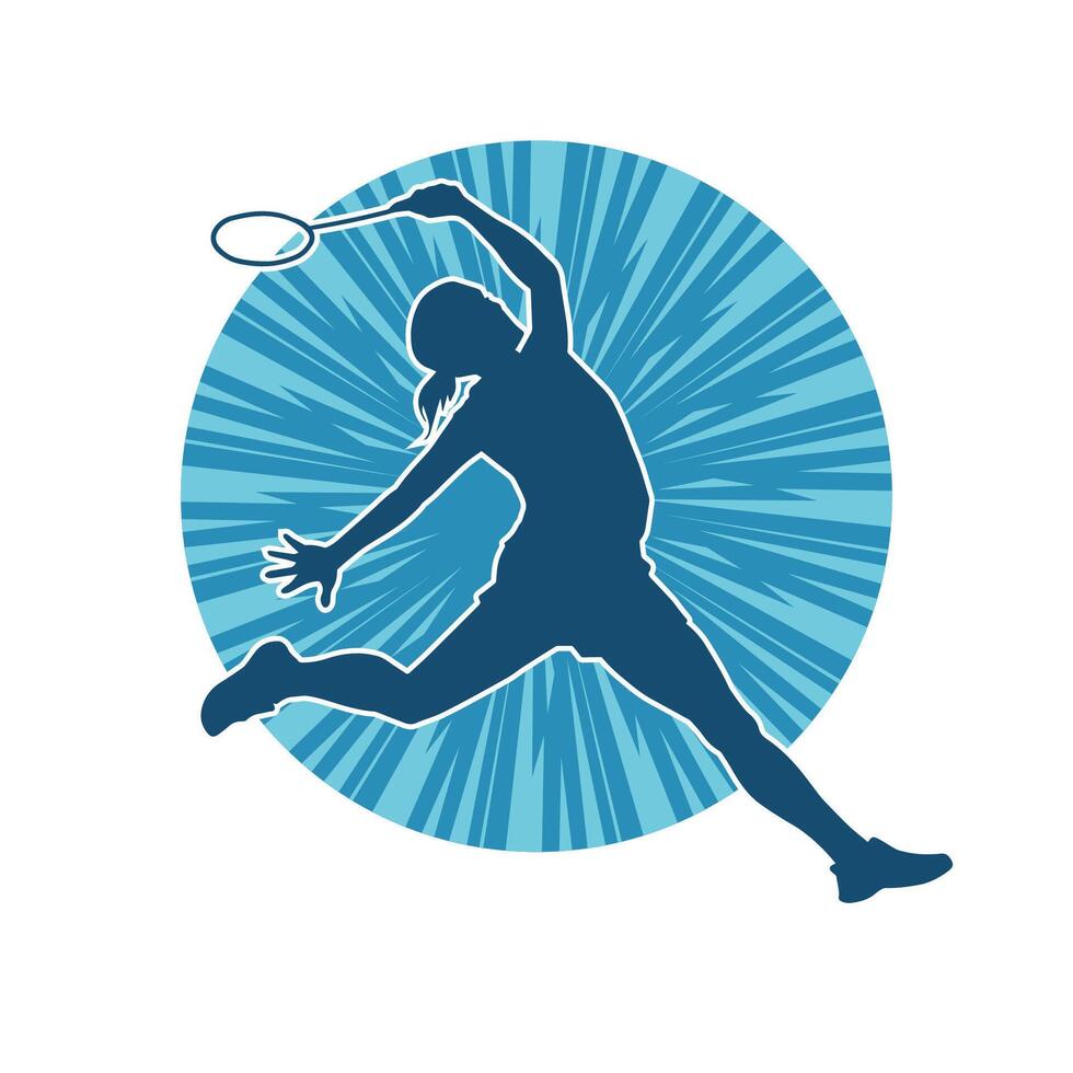 silhouet van een slank vrouw atleet aan het doen badminton sport. silhouet van een vrouw badminton sport speler in actie houding. vector