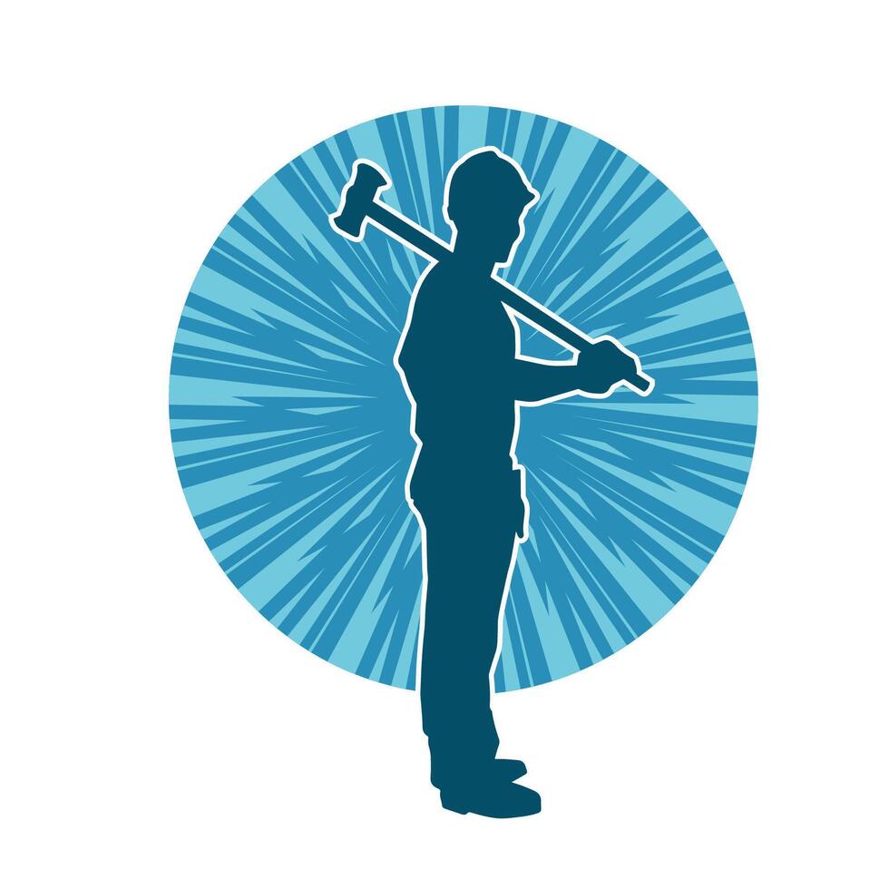silhouet van een arbeider in actie houding gebruik makend van zijn slee hamer hulpmiddel. vector