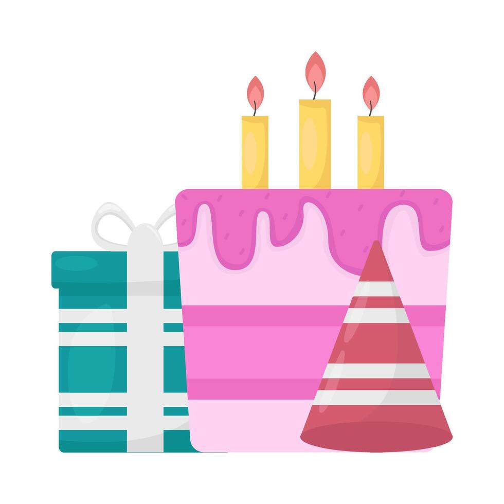 verjaardag taart, hoed verjaardag met geschenk doos illustratie vector