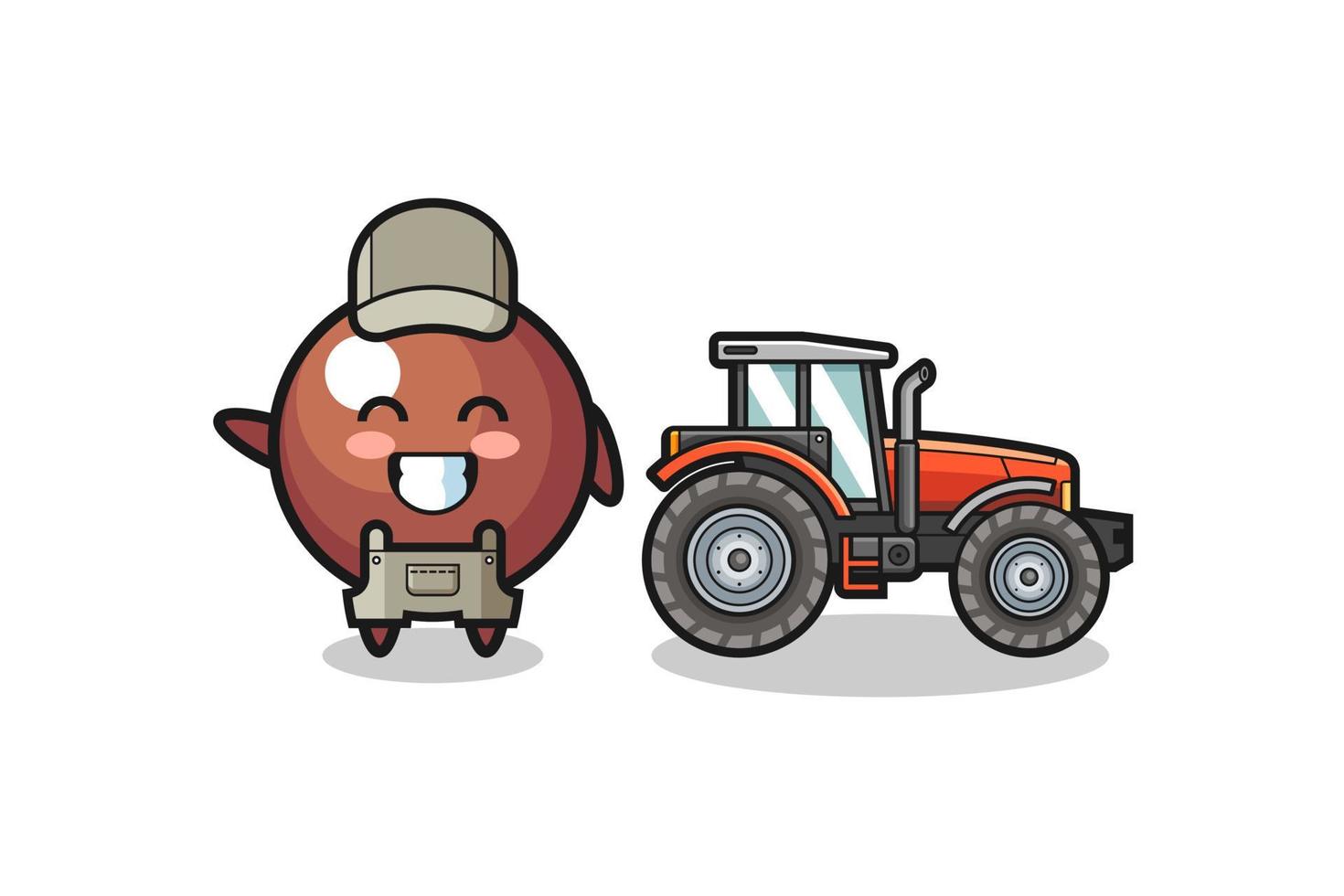 de mascotte van de chocoladebalboer die naast een tractor staat vector