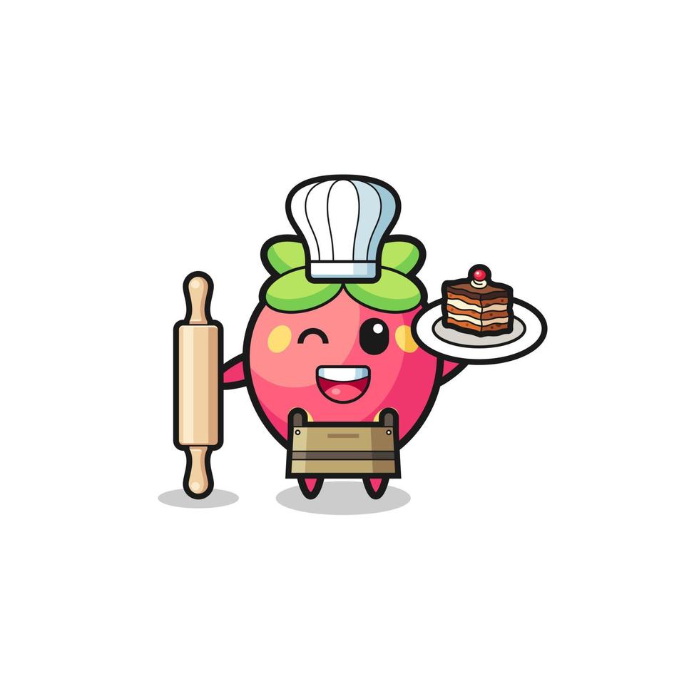 aardbei als patissier-mascotte houdt deegroller vast vector