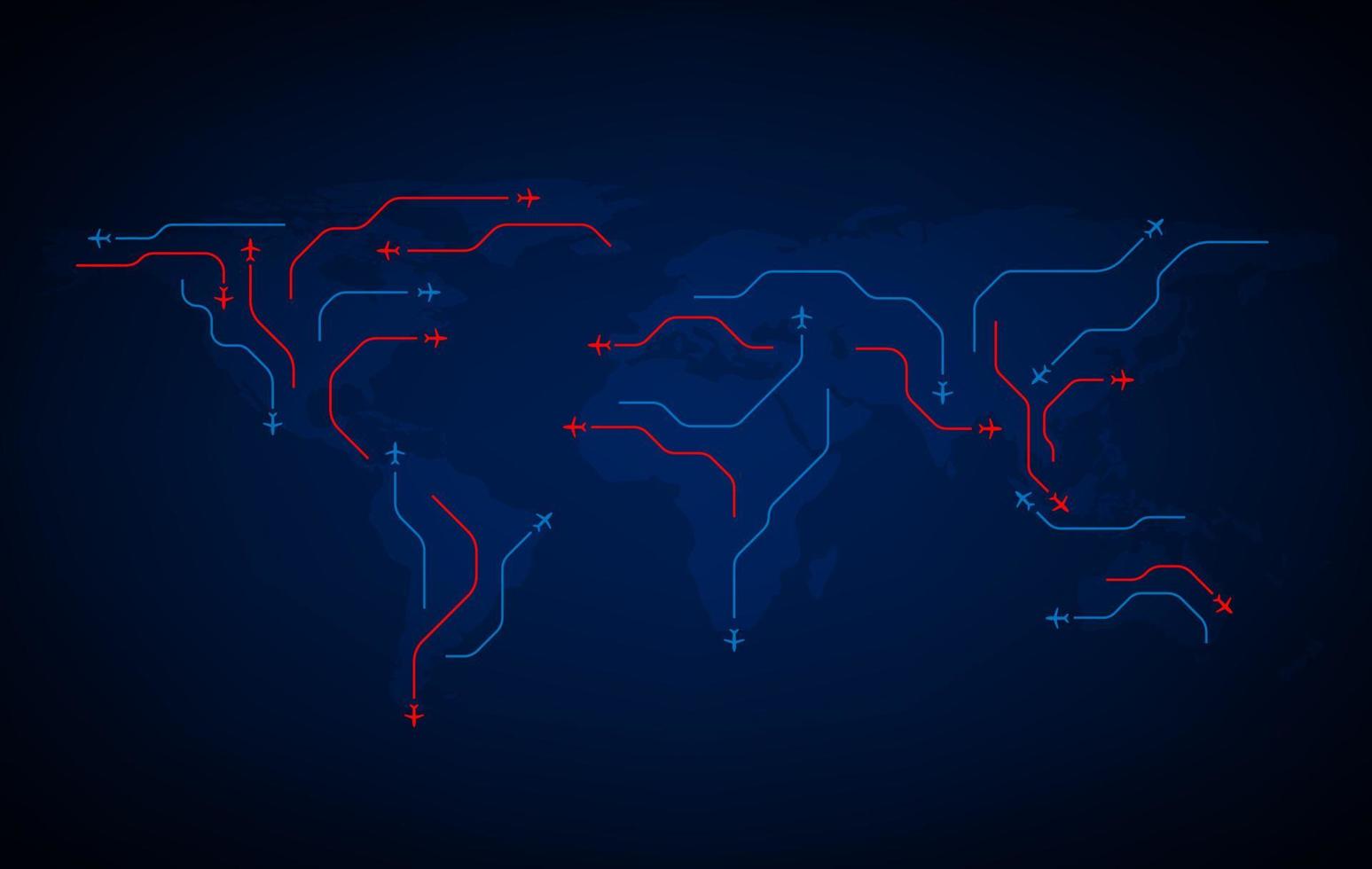 abstracte achtergrond - vliegtuigen vliegen over de wereldkaart - vliegtuigroutes vormen het wereldluchtreisconcept. vector illustratie