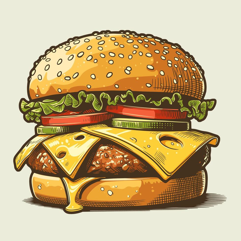 ai gegenereerd Hamburger vector illustratie. hand- getrokken cheeseburger met kaas en sla.