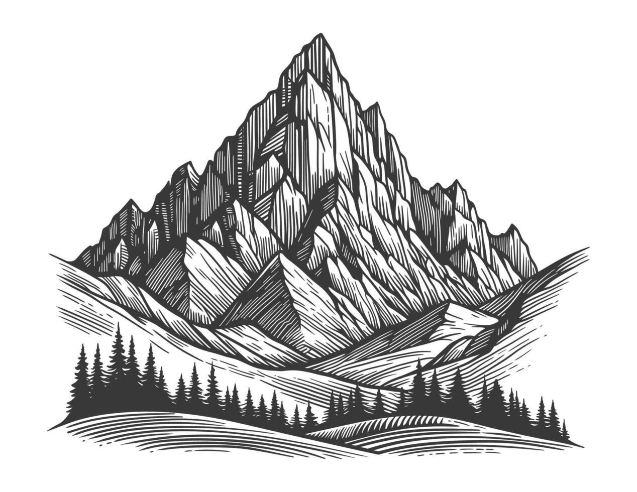bergen en Woud in gravure stijl. vector illustratie.