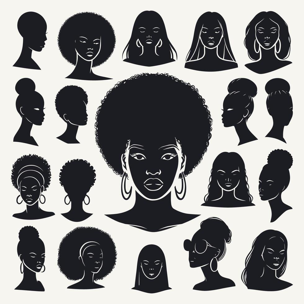 vector reeks van zwart silhouetten van zwart Dames met verschillend kapsels.
