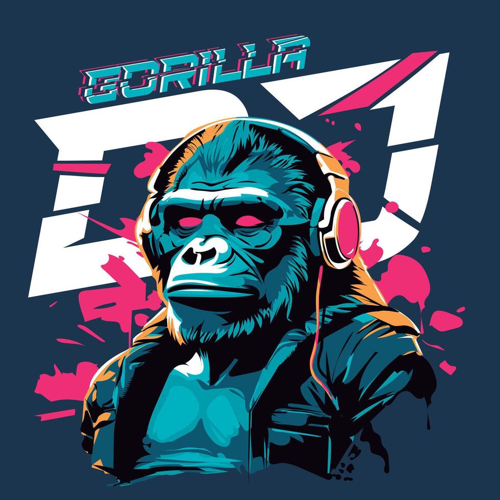 gorilla dj, enthousiast elektronisch dier, gorilla met hoofdtelefoons en hoofdtelefoons vector illustratie voor t-shirt ontwerp