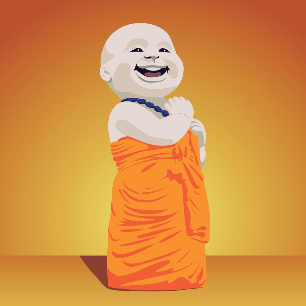 weinig Boeddha staan omhoog. boeddhistisch monnik tekenfilm karakter standbeeld. vector