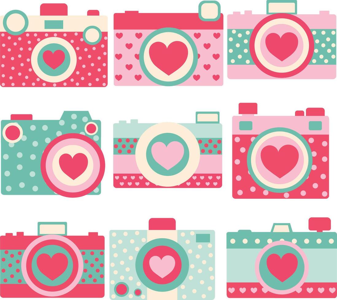 Valentijn schattig roze rood liefde hart foto camera hand- getrokken elementen vector iilustration