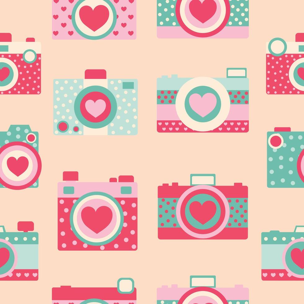 Valentijn schattig roze rood liefde hart foto camera hand- getrokken naadloos patroon achtergrond muur papier vector iilustration