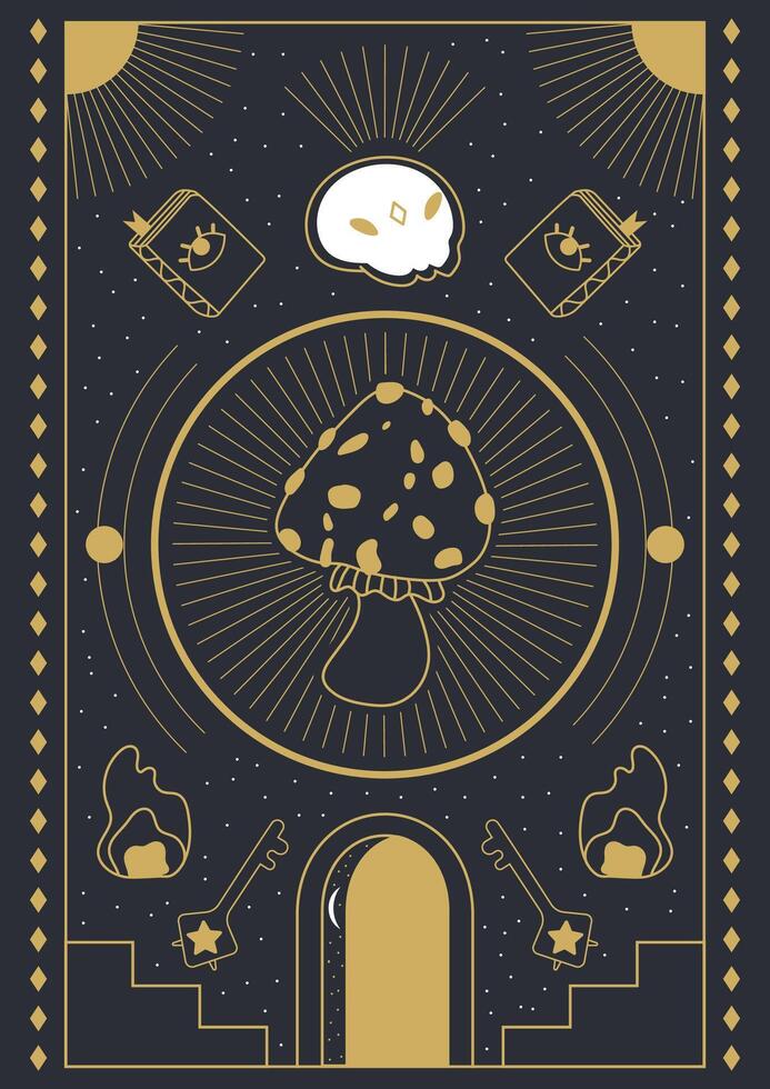 ontwerp in boho stijl voor de omslag, astrologie, tarot. vlieg agaric. vector illustratie.