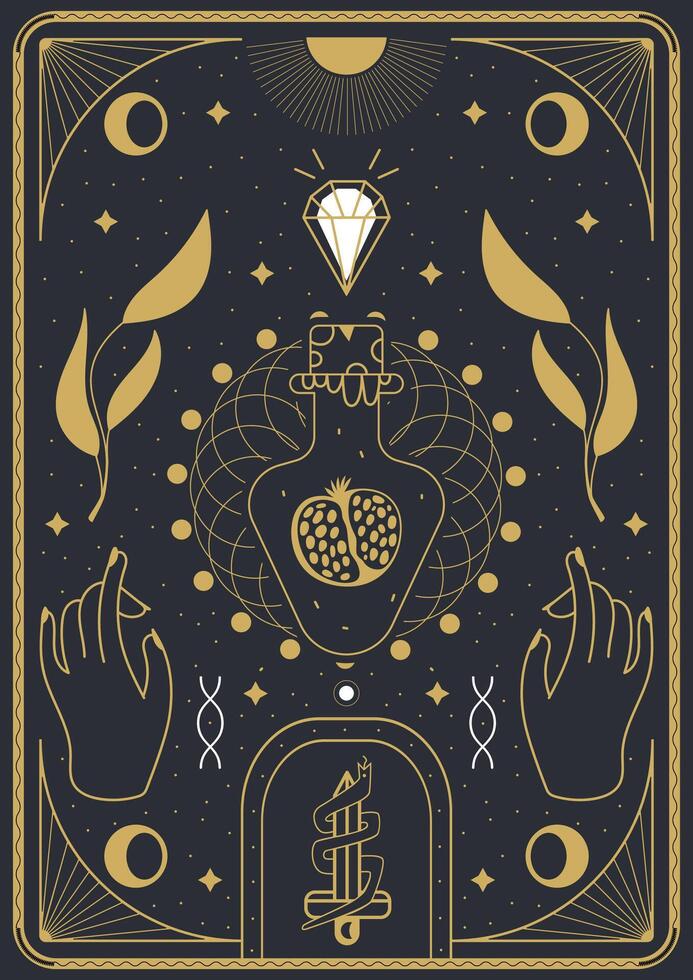 ontwerp in boho stijl voor de omslag, astrologie, tarot. elixer met granaatappel en diamant vector illustratie.