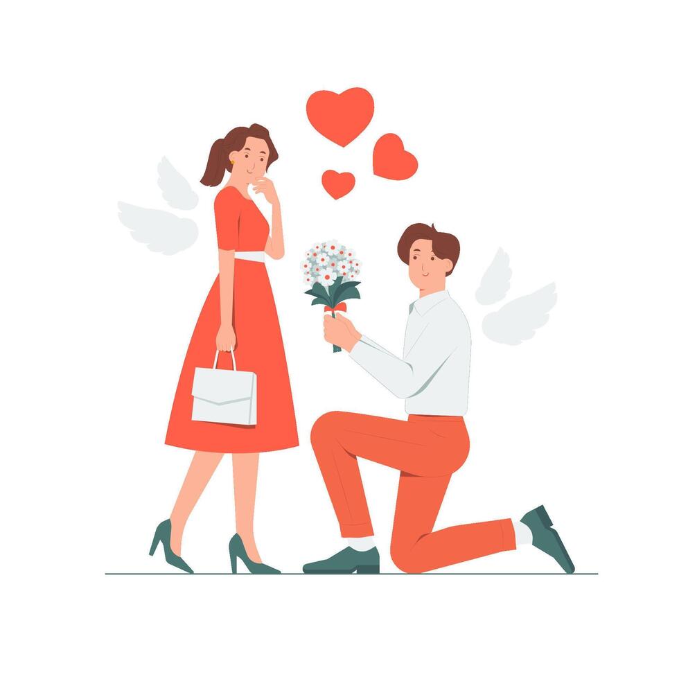 Mens Aan knie voorstellen geven boeket van bloemen naar vrouw Aan valentijnsdag dag, maken huwelijk voorstel, vallen in liefde concept illustratie vector