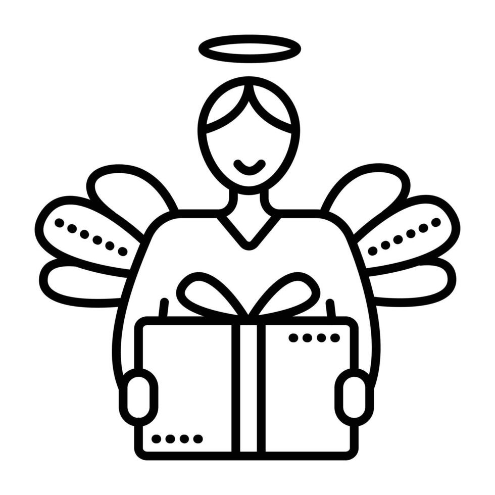 postbode met een pakket zwart lijn vector icoon, koerier engel met een doos geschenk pictogram
