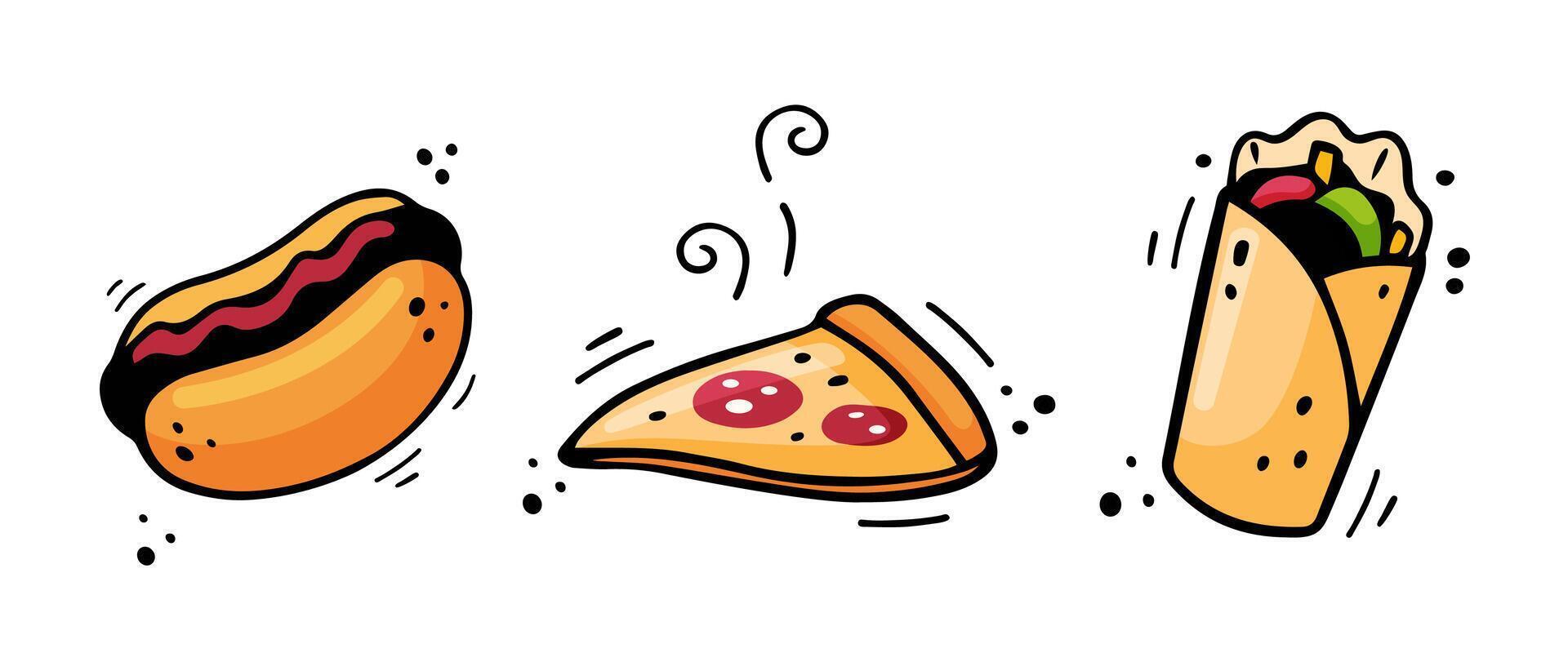 hand- getrokken snel voedsel pictogrammen heet hond, pizza, doner kebab. schetsen van tussendoortje elementen geïsoleerd Aan wit achtergrond. snel voedsel illustratie in tekening stijl. snel voedsel verzameling. vector