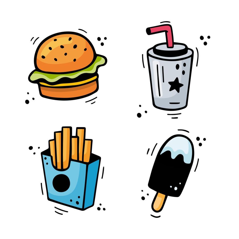 snel voedsel pictogrammen reeks - Hamburger, Frans Patat, papier kop met drankje, ijs room. hand- getrokken snel voedsel combinatie. grappig tekening schetsen stijl. kleurrijk snacks getrokken met voelde tip pen. vector illustratie