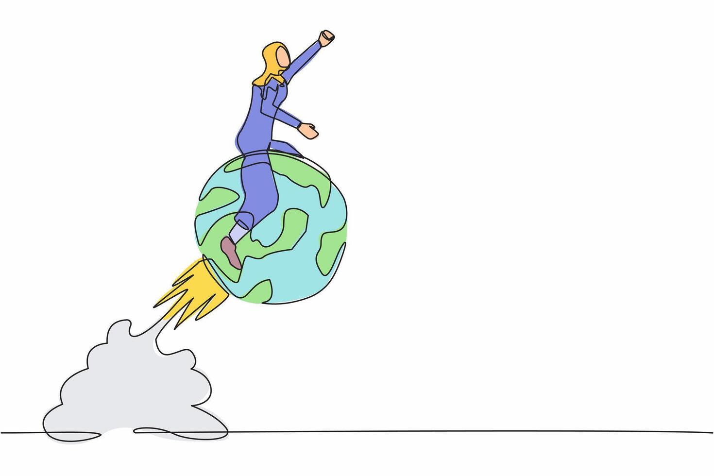 doorlopend een lijn tekening Arabisch zakenvrouw rijden gebied wereldbol raket vliegend in de lucht. globaal bedrijf, wereld economie of bedrijf kans. single lijn ontwerp vector grafisch illustratie