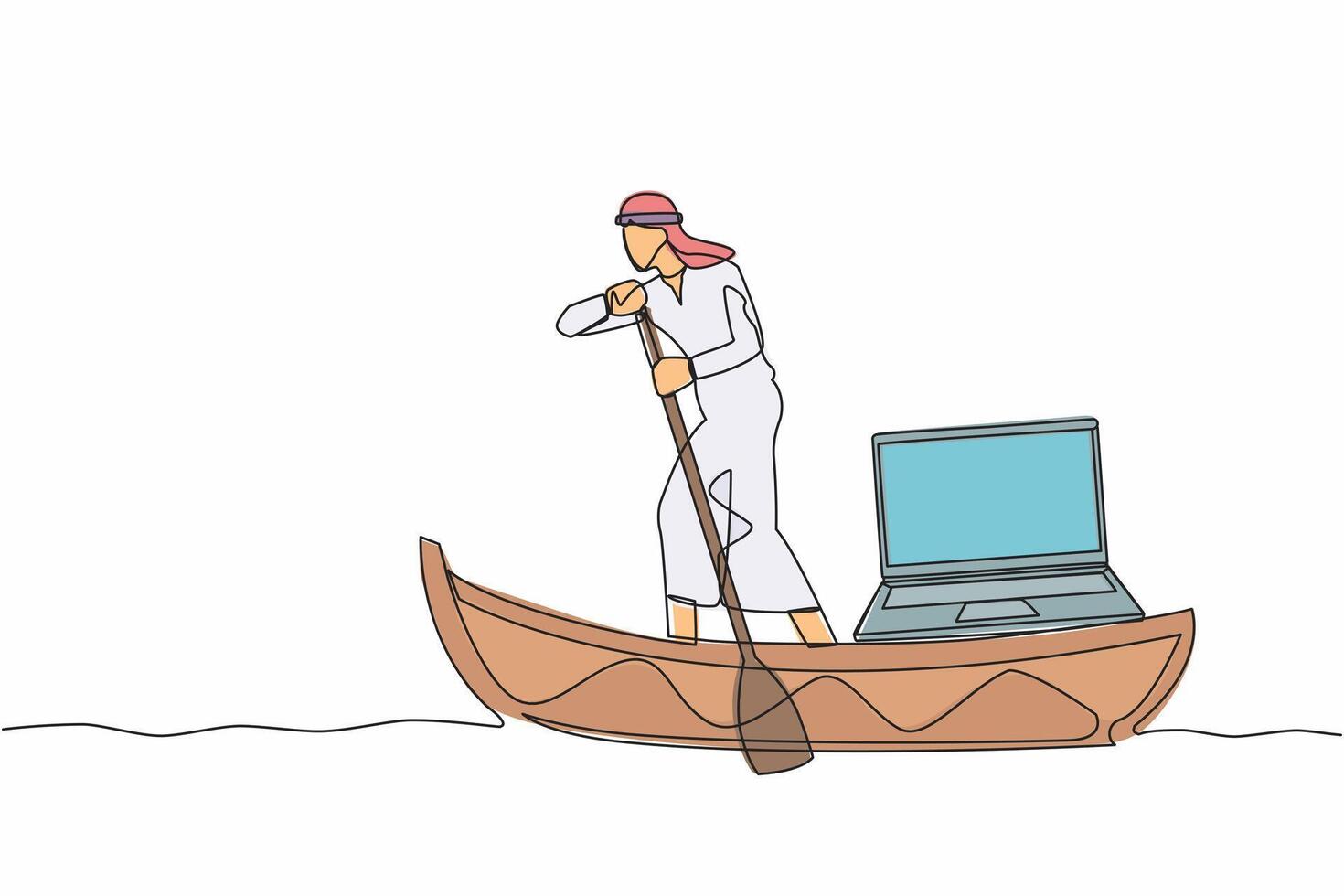 single een lijn tekening Arabisch zakenman het zeilen weg Aan boot met laptop computer. freelancer werk of creatief manager aan het doen afgelegen werk Bij schip. doorlopend lijn ontwerp grafisch vector illustratie