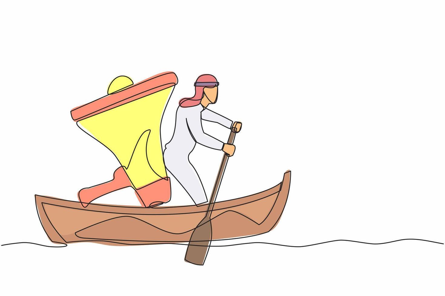 single een lijn tekening Arabisch zakenman het zeilen weg Aan boot met megafoon. commando leider, controle door megafoon, leiderschap en teamwerk. doorlopend lijn ontwerp grafisch vector illustratie