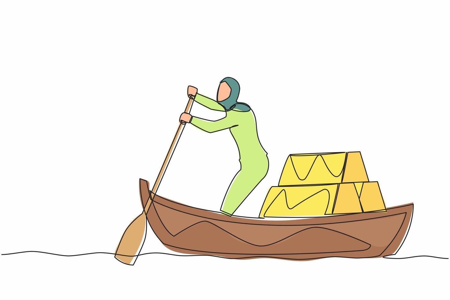 single doorlopend lijn tekening Arabisch zakenvrouw staand in boot en het zeilen met stack van gouden edelmetaal geslaagd investeerder of ondernemer. goud investering. een lijn ontwerp vector illustratie