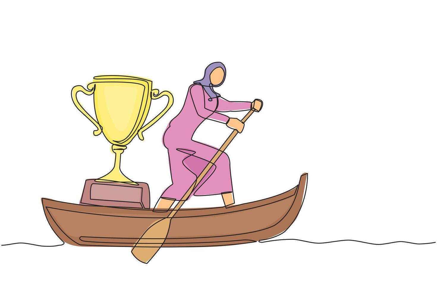 single doorlopend lijn tekening Arabisch zakenvrouw staand in boot en het zeilen met trofee. water sport- wedstrijd. het zeilen kampioenschap herkenning prijs. een lijn trek ontwerp vector illustratie