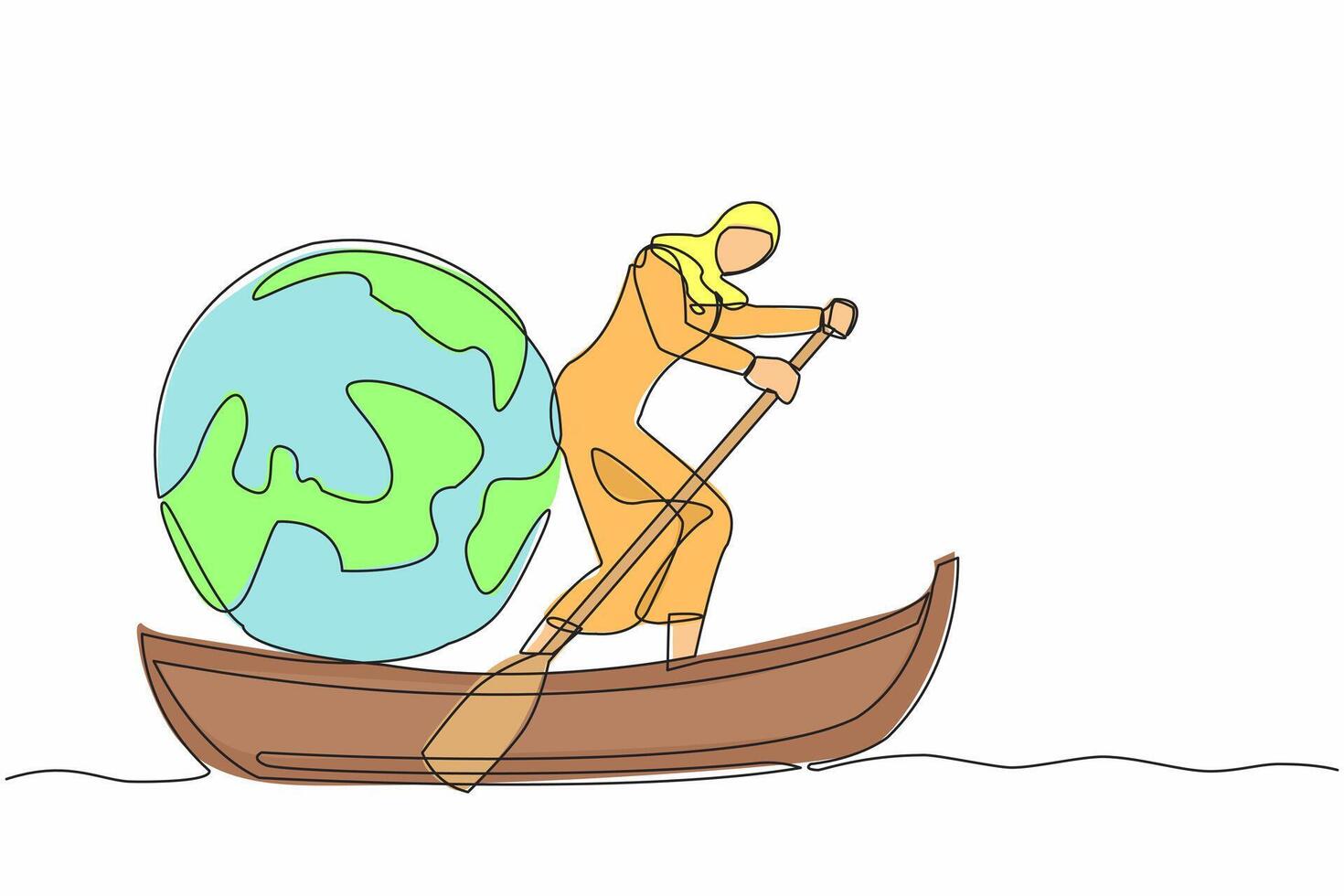 single doorlopend lijn tekening Arabisch zakenvrouw staand in boot en het zeilen met wereldbol. nemen reis in de omgeving van de wereld door schip. toerisme of reizend. een lijn trek grafisch ontwerp vector illustratie